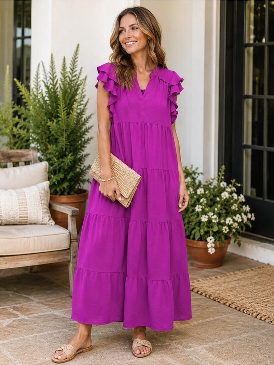 Umgee Dresses & Skirts - Umgee Magenta Tiered Maxi Dress Flutter Ruffle Sleeves Size Small